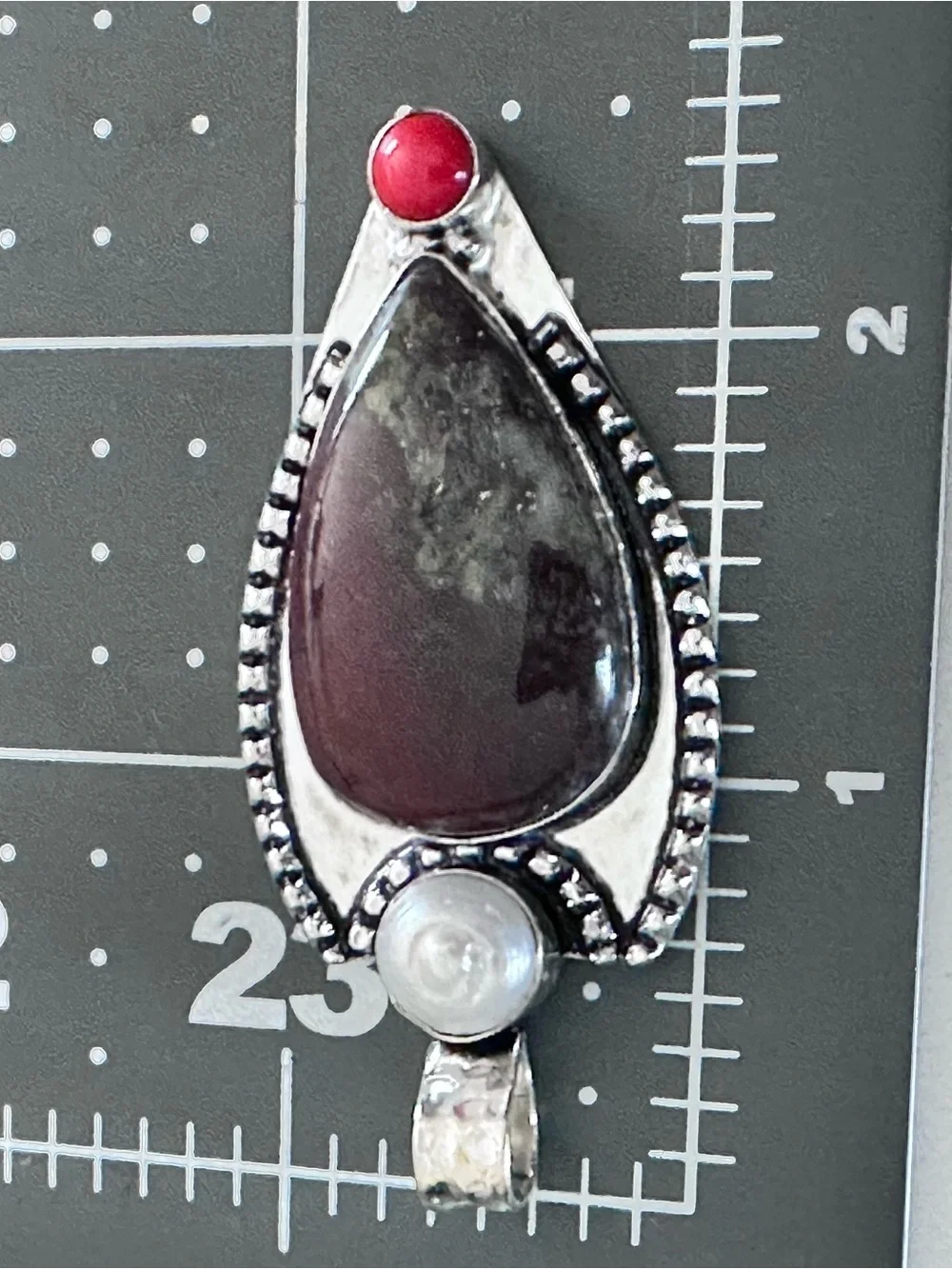 Artisan Silver Dragon Blood Stone  Pendant with Pearl and Coral Accent